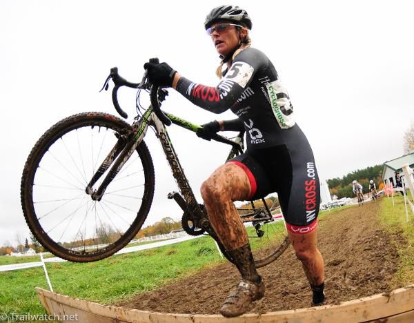 Elizabeth Lukowski (NYcross.com p/b VOmax) hurtling over the barriers.