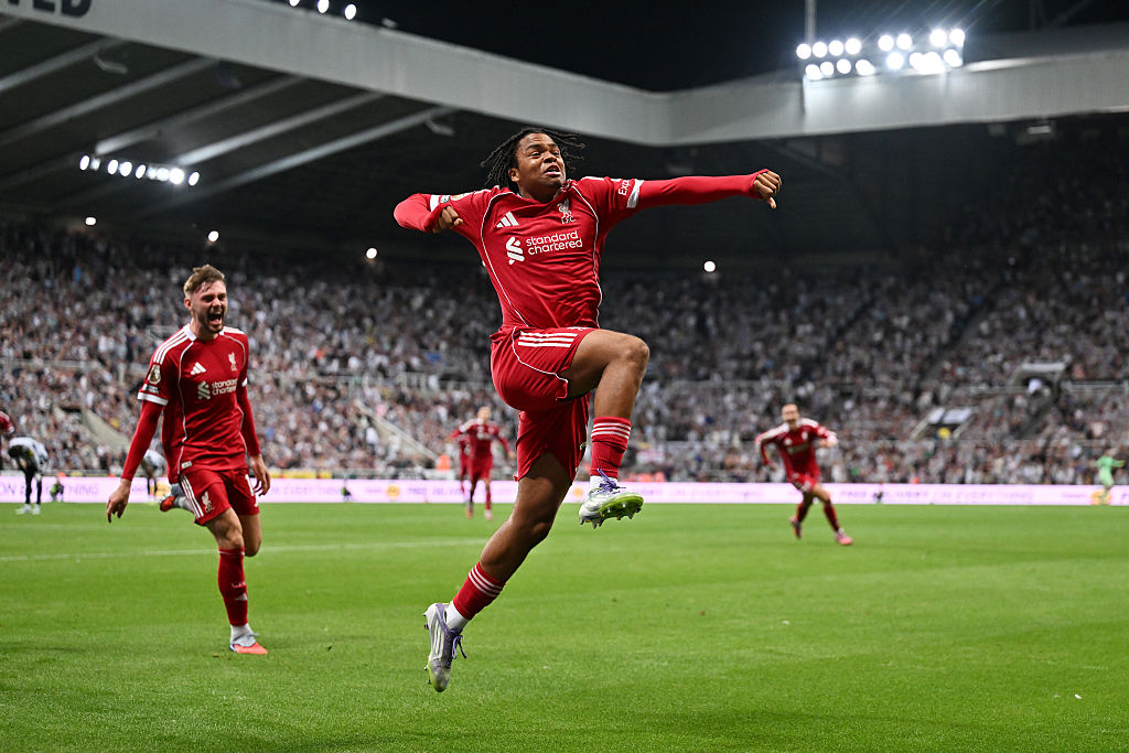Rio Ngumoha of Liverpool celebrates scoring his team&#039;s third goal during the Premier League match between Newcastle United and Liverpool at St James&#039; Park on August 25, 2025 in Newcastle upon Tyne, England.