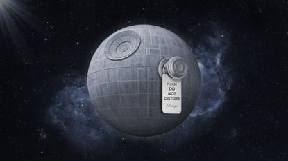 Illustration of a a do not disturb sign hanging from a space station