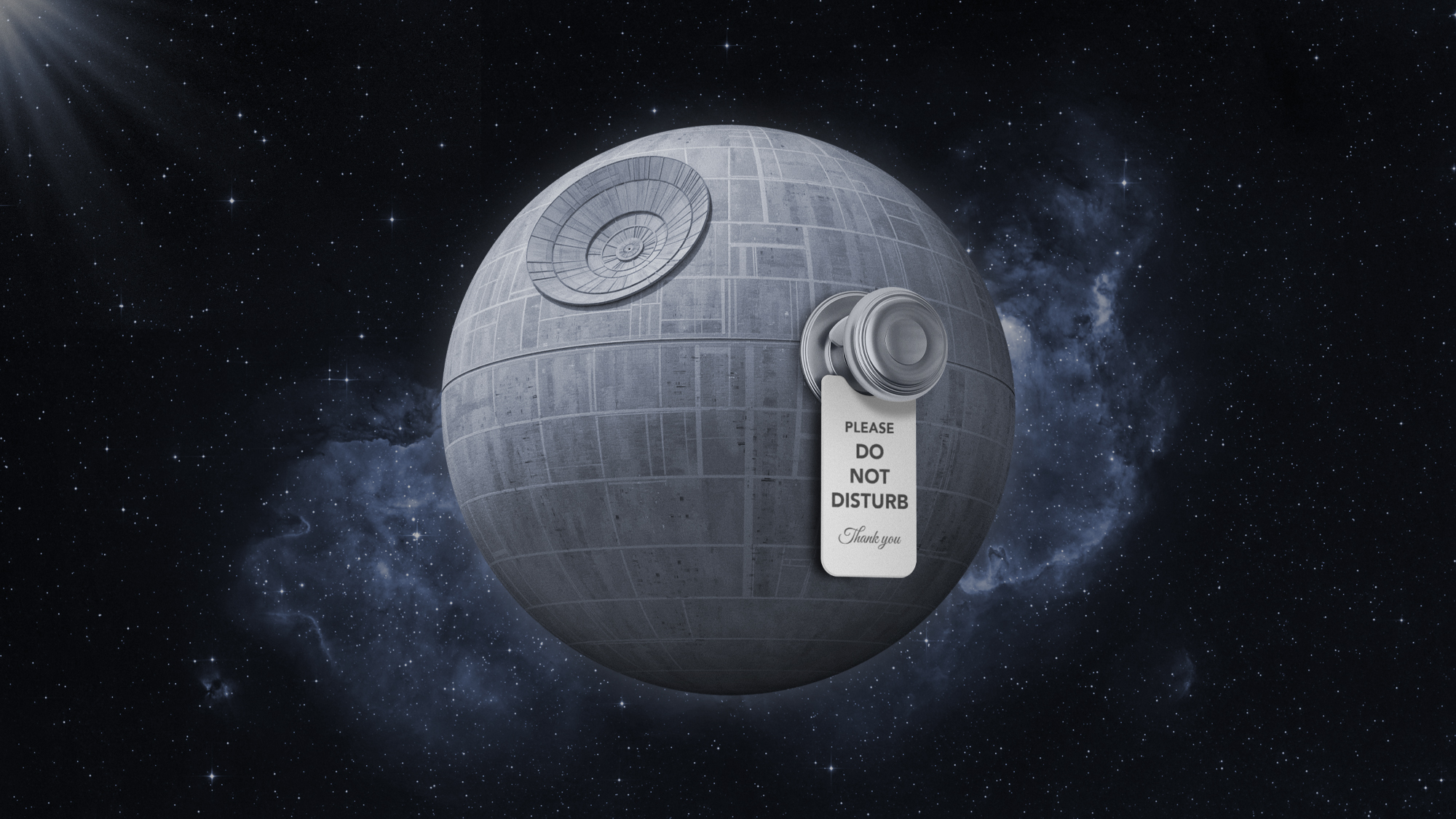 Illustration of a a do not disturb sign hanging from a space station