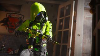 A Call of Duty: Black Ops 6 Operator wearing a neon green jacket and a respirator. The character, Squish, is running with an assault rifle at the ready.