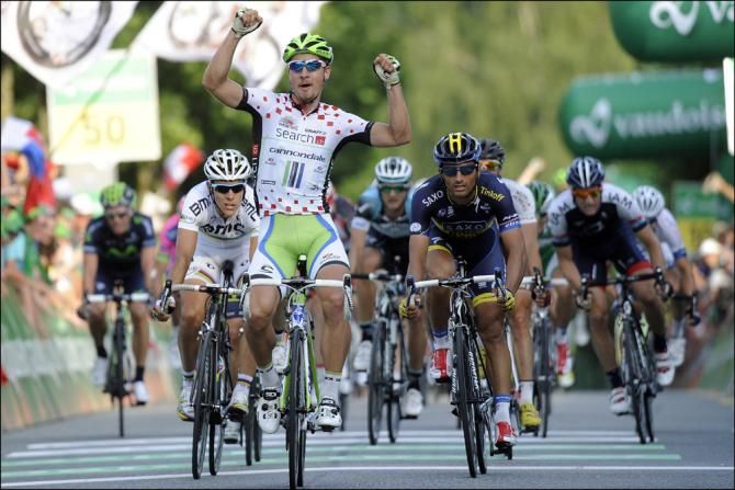 Peter Sagan (Cannondale) won stage 8 in Bad Ragaz ahead of Daniele Bennati (Saxo-Tinkoff) and Philippe Gilbert (BMC)