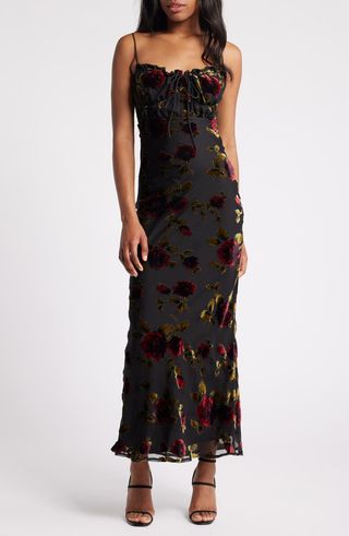 Devore Floral Tie Front Chiffon Maxi Dress