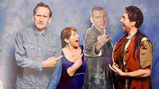 From left, actor Chris Eccleston with Katie Aini, Cardboard Chris Eccleston, and the author, Russell Holly.