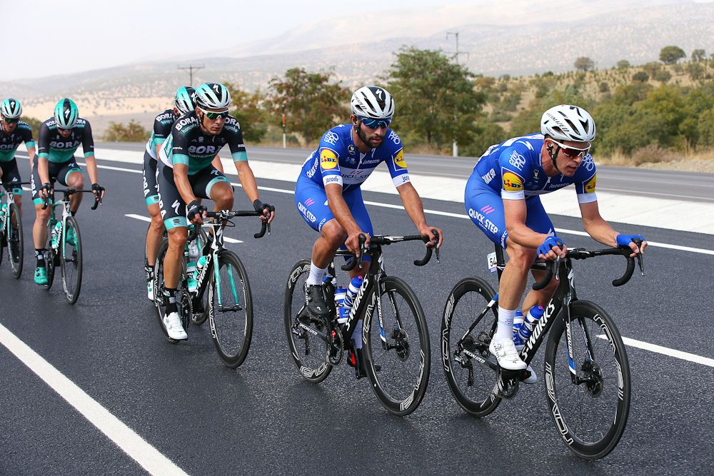 Fernando Gaviria in the Quick-Step train during stage 1 in Turkey