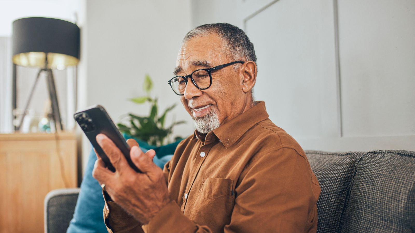 Portrait of cheerful senior man holding cell phone at home