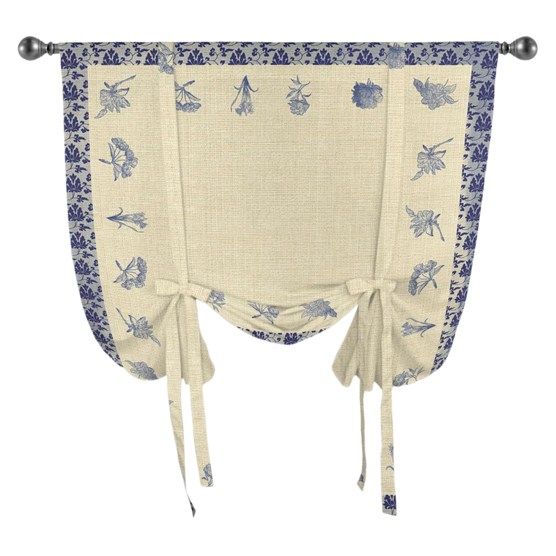 Vintage Flower Tie Up Curtains for Kitchen Windows, Chic Floral on Linen Adjustable Balloon Shade Curtain Panel Rod Pocket Drapes for Small Window Decor 42"wx45"l, Ornate Texture Retro Burlap