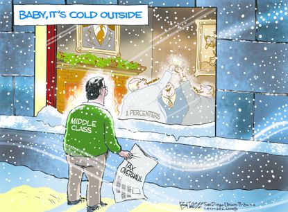 Political cartoon U.S. GOP tax cuts middle class 1 percent Christmas