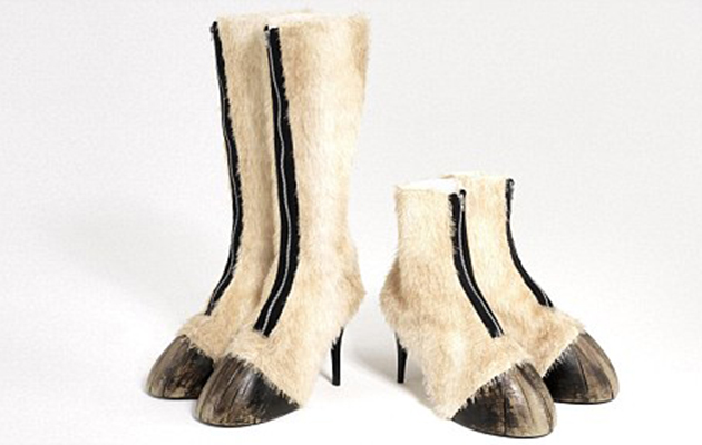 Undated handout photo issued by Mischief PR of Designer shoes made in the style of real horse feet and legs are set to go on sale at the Cheltenham Festival tomorrow. PRESS ASSOCIATION Photo. Issue date: Monday March 14, 2011. The knee and ankle-length zip-up hoof shoes, commissioned by Betfair, are being pitched as the perfect accessory for racing fans who want to stand out from the crowd. See PA story CONSUMER Hooves. Photo credit should read: Dan Glover /PA Wire NOTE TO EDITORS: This handout photo may only be used in for editorial reporting purposes for the contemporaneous illustration of events, things or the people in the image or facts mentioned in the caption. Reuse of the picture may require further permission from the copyright holder.