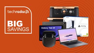 Ninja air fryer, Chromebook, Galaxy tablet, PS5 and Bose earbuds on an orange background