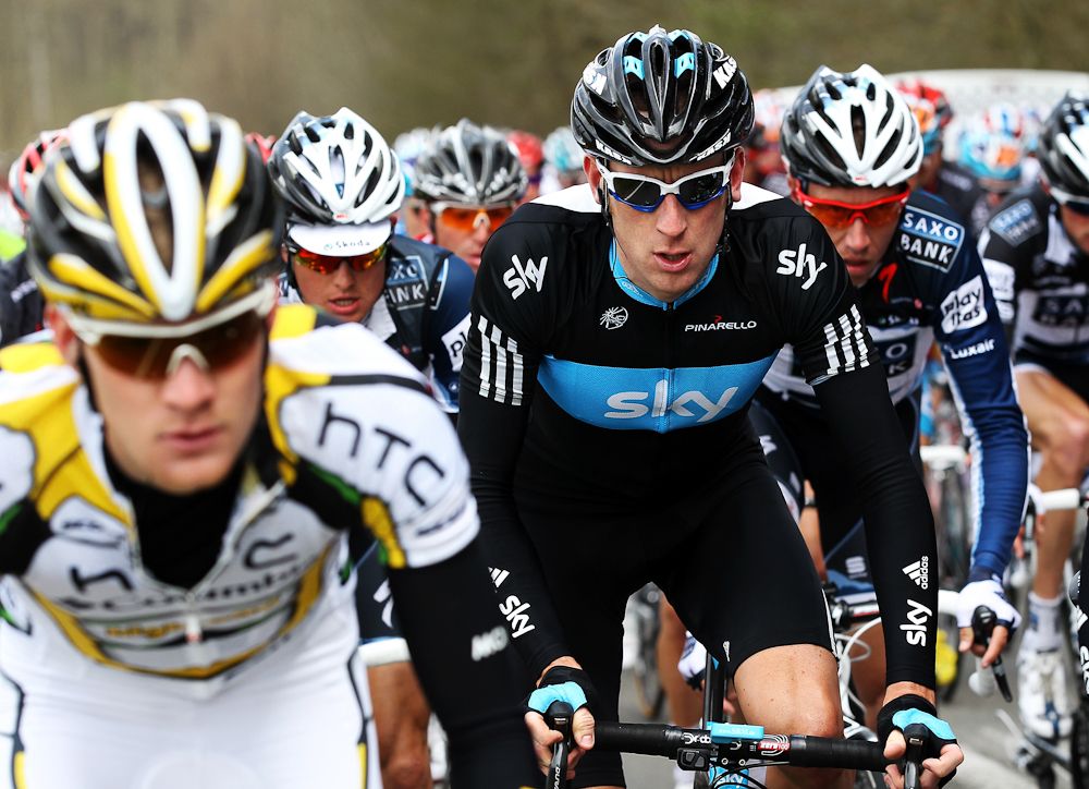 Bradley Wiggins (Team Sky) rides in the peloton during the 74th Fleche Wallonne in 2010.