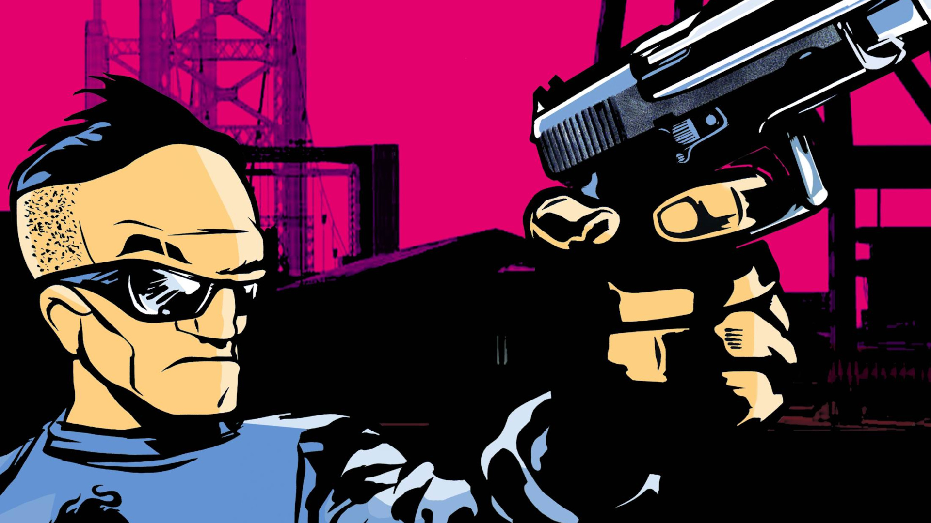 Key art for Grand Theft Auto 3 showing a Triad member holding a handgun, against a stylized background of the Liberty City docks, from the PLAY Magazine GTA 3 20th anniversary Making Of feature