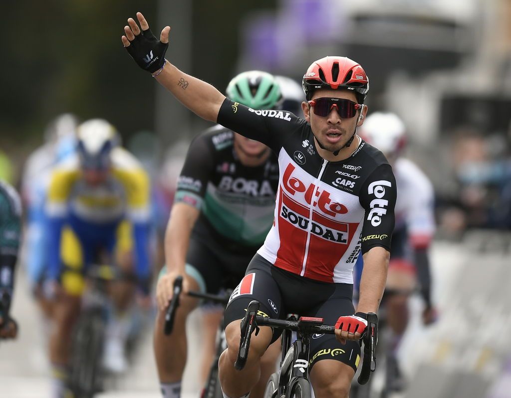 Australian Caleb Ewan of Lotto Soudal celebrates as he crosses the finish line to win the 108h edition of the Scheldeprijs one day cycling race 174km from Schoten to Schoten Wednesday 14 October 2020 This years Flemish cycling races were postponed from Spring to Autumn due to the ongoing coronavirus pandemic Public is advices to stay at home and follow the cycling race on television or radio BELGA PHOTO JASPER JACOBS Photo by JASPER JACOBSBELGA MAGAFP via Getty Images