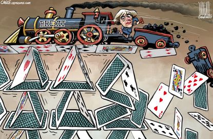 Political cartoon world Brexit Theresa May poker train EU UK