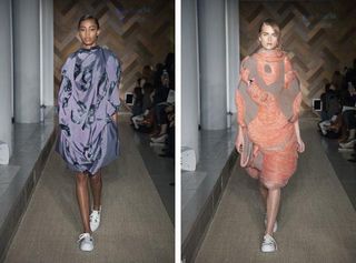 Two pictures of female models walking the catwalk, the left wearing purple and the right wearing orange