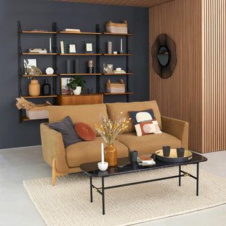 Living room with anthracite grey wall and beige sofa