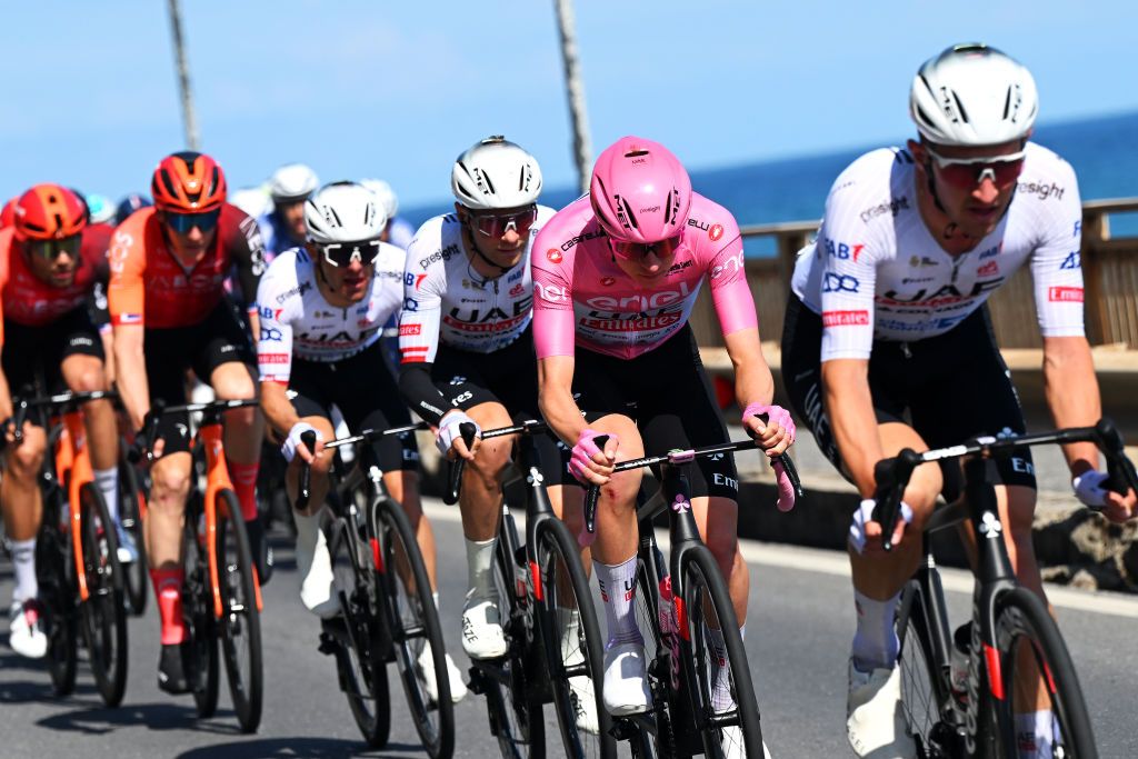 ANDORA ITALY MAY 07 Tadej Pogacar of Slovenia and UAE Team Emirates Pink Leader Jersey competes during the 107th Giro dItalia 2024 Stage 4 a 190km stage from Acqui Terme to Andora UCIWT on May 07 2024 in Andora Italy Photo by Tim de WaeleGetty Images