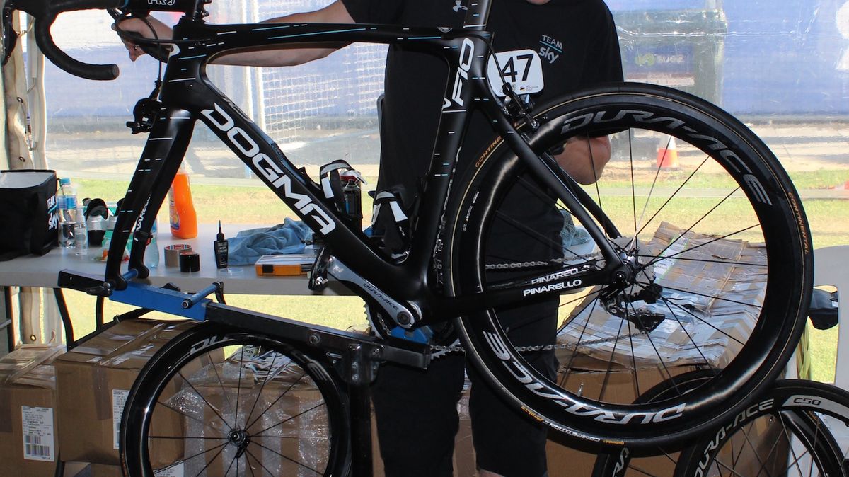 A Team Sky mechanic sets up Danny Van Poppel's bike with the latest 9100 series Shimano Dura-Ace wheels