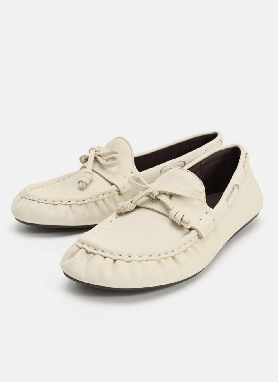 ZARA, Leather Gathered Flat Loafers - White - 2
