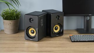 a pair of black wood speakers with a yellow kevlar cone photographed on a wood desk with a computer and blue wall and a plant in shot