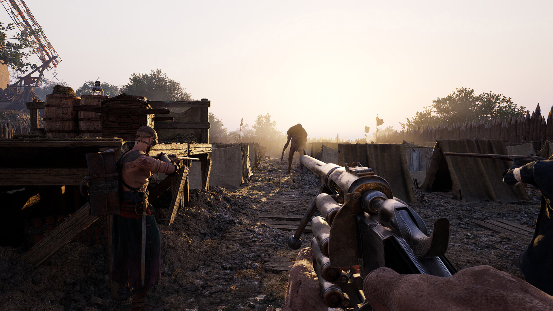 Hunger screenshot showing two players looking at an advancing brute in a military camp