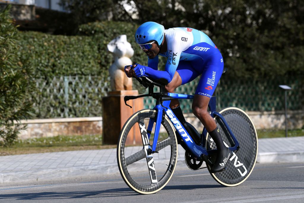 CAMAIORE ITALY MARCH 07 Tsgabu Gebremaryam Grmay of Ethiopia and Team BikeExchange Jayco sprints during the 57th TirrenoAdriatico 2022 Stage 1 a 139km individual time trial from Lido di Camaiore to Lido di Camaiore TirrenoAdriatico on March 07 2022 in Camaiore Italy Photo by Tim de WaeleGetty Images
