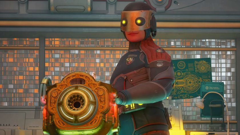 A weird looking sci-fi person in armor and a mask holding a weapon