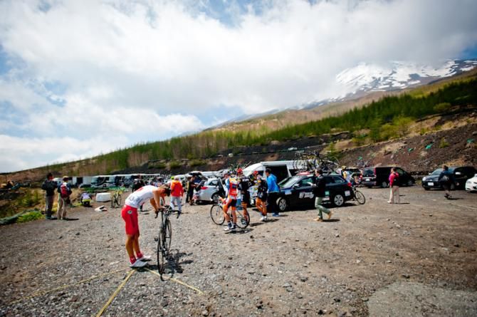 Team parking where the fifth station on the trail up Mt.Fuji