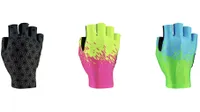 Three Supacaz SupaG gloves in a row, in black, pink-yellow and blue-green