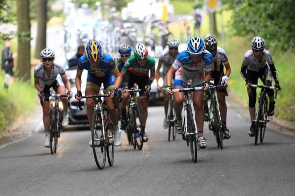 Two of the strongest riders of the stage, Emma Johansson (Hitec Products) and Amy Pieters (Skil Koga) lead on the final climb