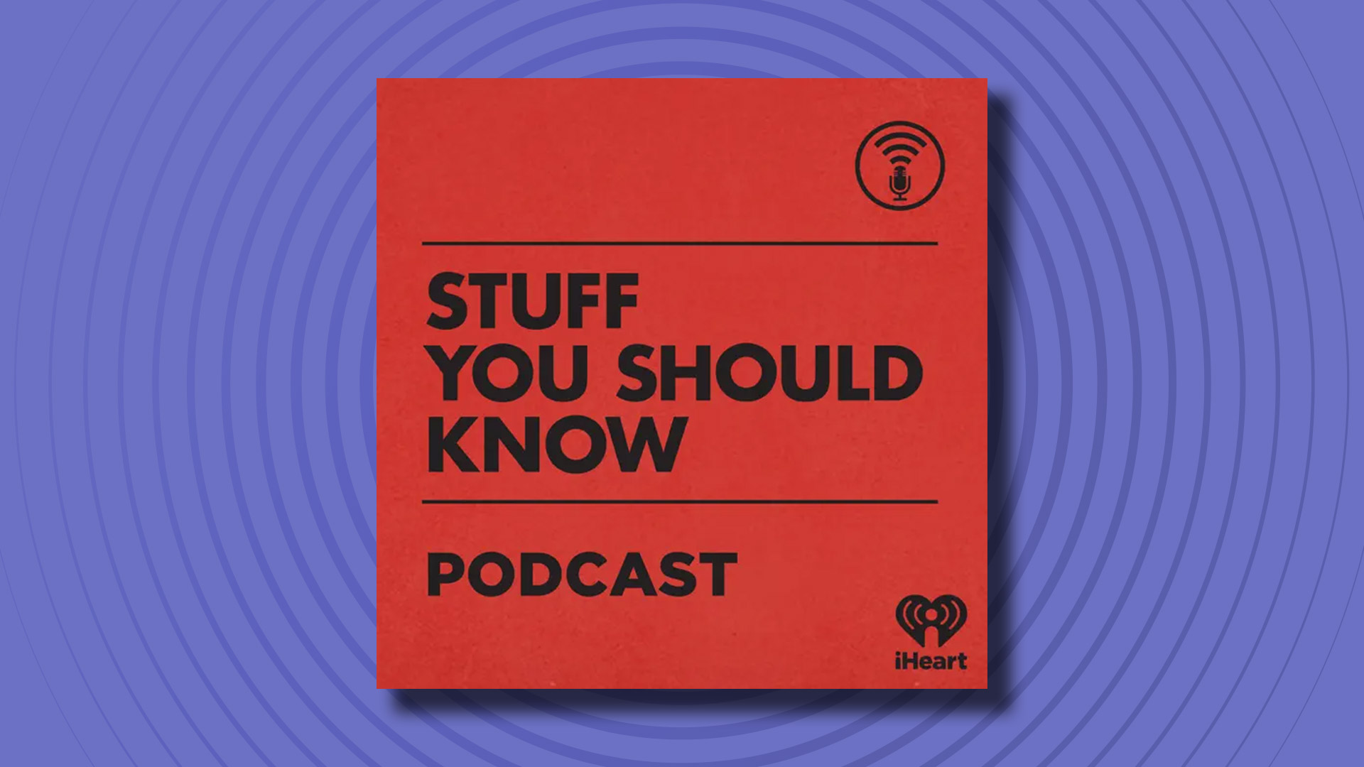 The logo of the Stuff You Should Know podcast on a purple background