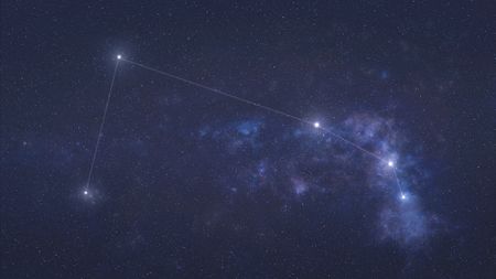 graphic illustration depicting the aries constellation in the night sky with a faint white line joining major stars in the constellation.