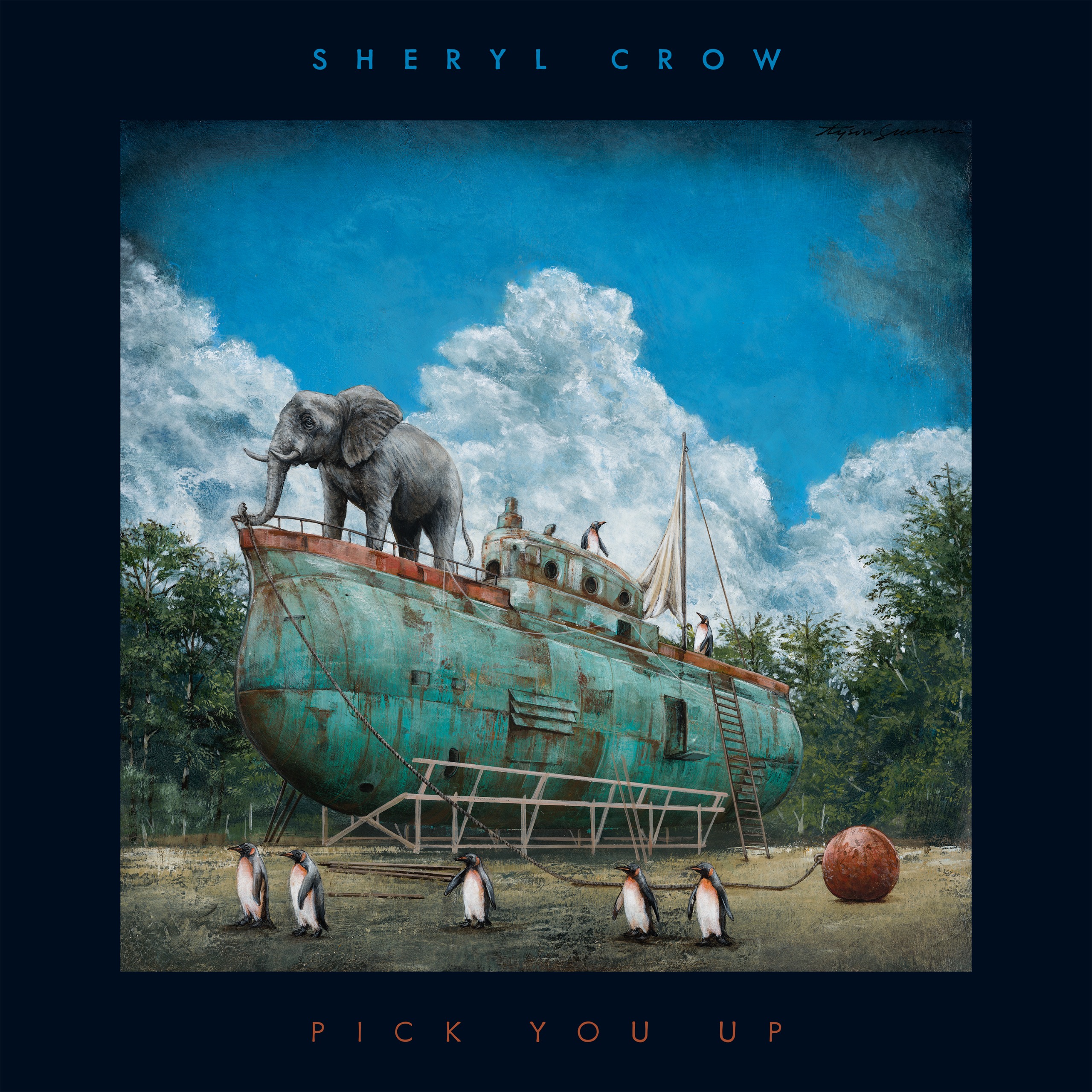 the cover of sheryl crow's 2026 album pick you up featuring a boat on land with an elephant on it being pulled by penguins