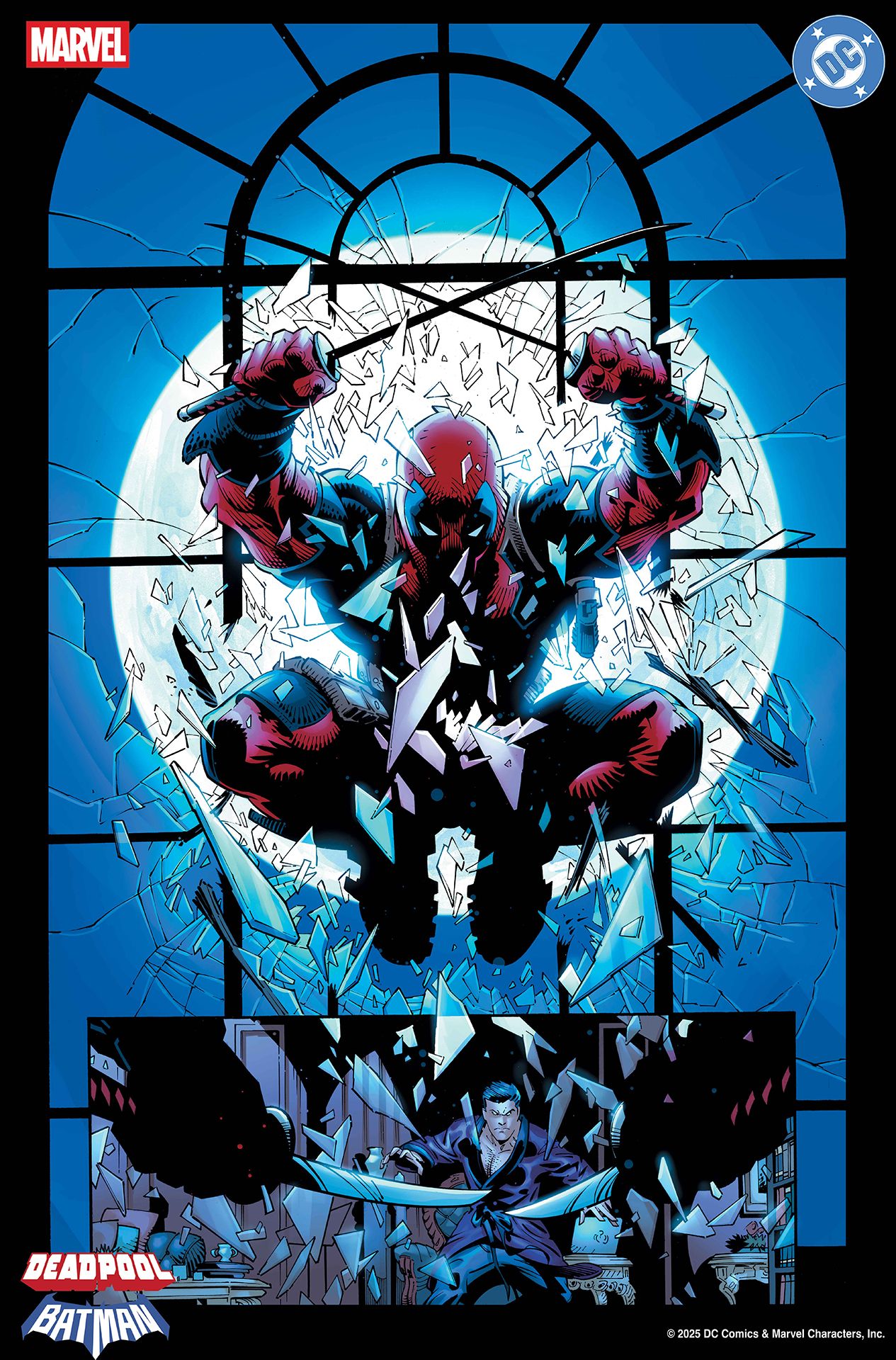 Deadpool jumping through Bruce Wayne's window
