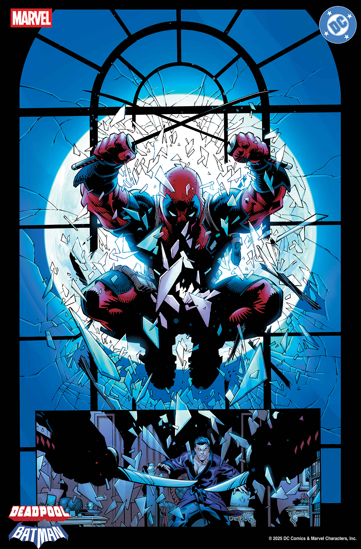 Deadpool jumping through Bruce Wayne's window