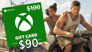 Grand Theft Auto 6 characters riding a motorbike with an Xbox $100 gift card overlaid next to a $90 price discount