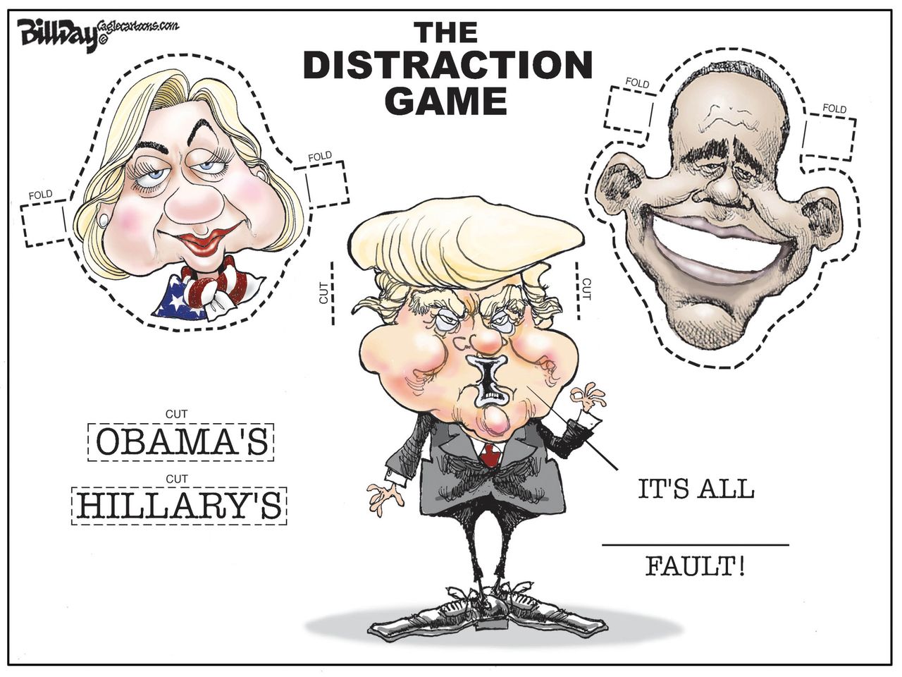 Political cartoon U.S. Trump distractions Hillary Clinton Obama