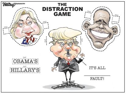 Political cartoon U.S. Trump distractions Hillary Clinton Obama