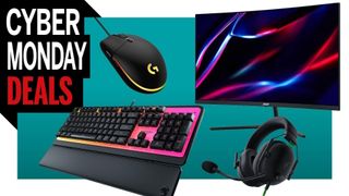 A collection of PC peripherals on a colored background, with a Cyber Monday deals logo