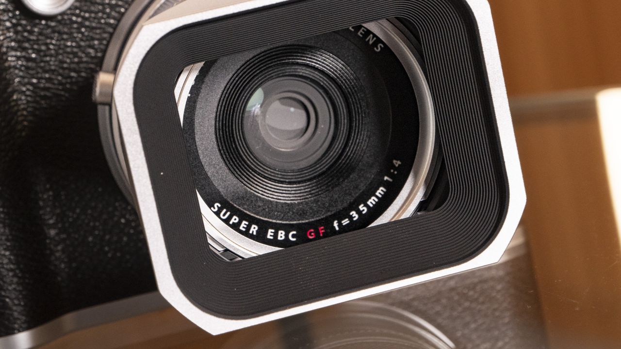 Close up of the Fujifilm GFX100 RF medium-format compact camera's lens