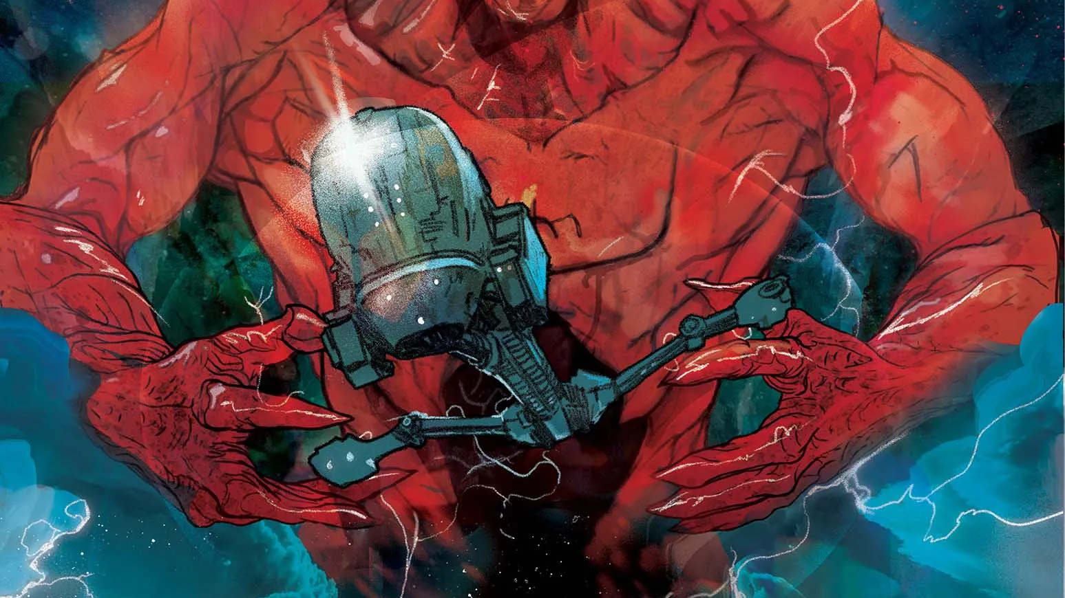 A massive red demon grasping at an exotic spaceship.
