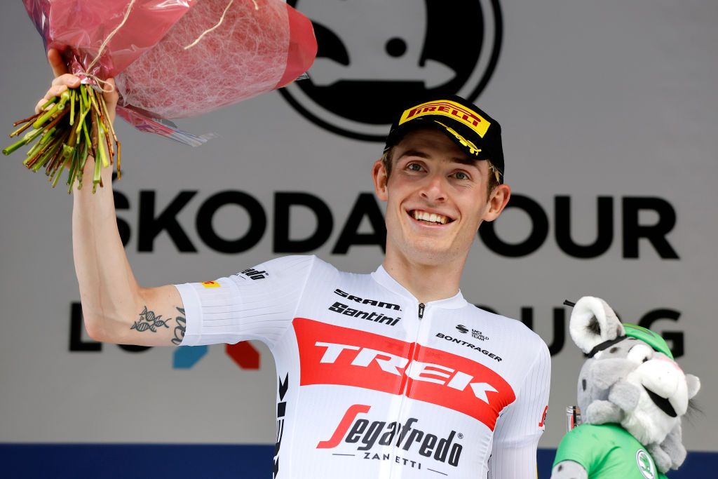 REMICH LUXEMBOURG SEPTEMBER 16 Mattias Skjelmose Jensen of Denmark and Team Trek Segafredo celebrates at podium as stage winner during the 82nd Skoda Tour Luxembourg 2022 Stage 4 a 261km individual time trial stage from Remich to Remich on September 16 2022 in Remich Luxembourg Photo by Bas CzerwinskiGetty Images