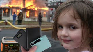 A little girl holding power banks smirks as a house burns on fire in the background