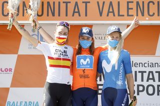 The final podium in the Setmana Ciclista Valenciana 2021: Mavi Garcia, Annemiek van Vleuten and Katrine Aalerud