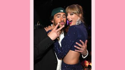  Bad Bunny and Taylor Swift pose hug and pose together as they attend the 65th GRAMMY Awards at Crypto.com Arena on February 05, 2023 in Los Angeles, California./ in a pink template