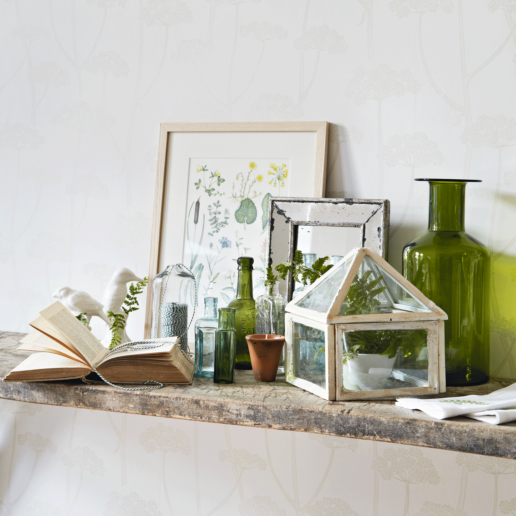 a sideboard or console table with a framed piece of botanical art, miniature cloche frame, mirrored frame and a book
