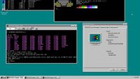 Retro desktop interface showing Windows 95 with multiple terminal windows open, displaying commands and a colorful ASCII penguin art.