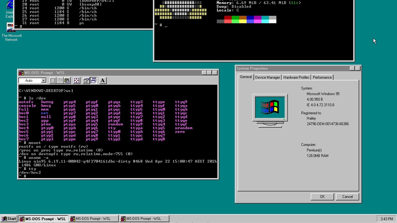 Retro desktop interface showing Windows 95 with multiple terminal windows open, displaying commands and a colorful ASCII penguin art.