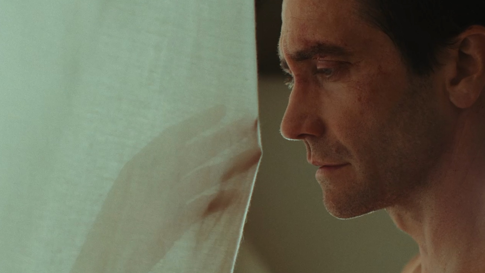 Jake Gyllenhaal looking at a hand through a curtain