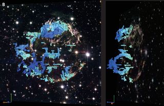 A telescopic image of Cassiopeia A is overlaid with data from the new observations that show the structure of the cavities inside the supernova remnant. The shaed of blue indicates how quickly the material is moving away from Earth, with dark blue moving fastest. The panel to the right shows the view angled 70 degrees.